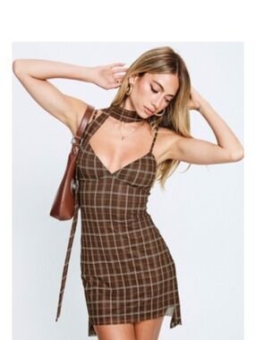 Princess Polly Brown Plaid Slip Dress with Removable Tie